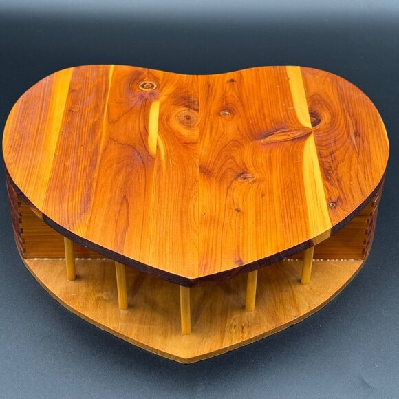 Vintage Heart Shaped Cedar Jewelry Box Mirror Necklace Ring Pegs Handmade Wooden - Picture 1 of 8